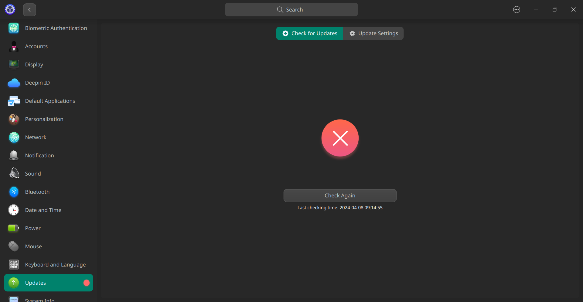 Deepin OS system update crash